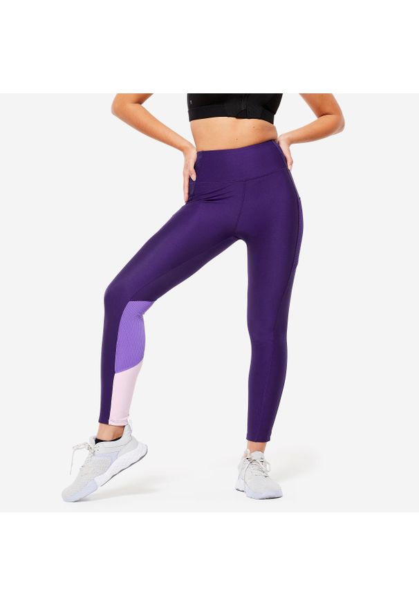 DOMYOS - Legginsy fitness damskie Domyos. Stan: podwyższony. Kolor: fioletowy, szary, wielokolorowy. Materiał: elastan, poliester, materiał. Sport: fitness