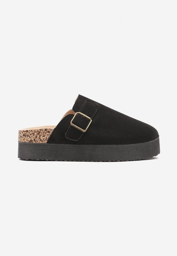 Born2be - Czarne Klapki Chodaki w Stylu Muli z Korkową Grubą Podeszwą Uvelle. Okazja: na co dzień. Kolor: czarny. Materiał: len. Styl: wizytowy, elegancki, casual
