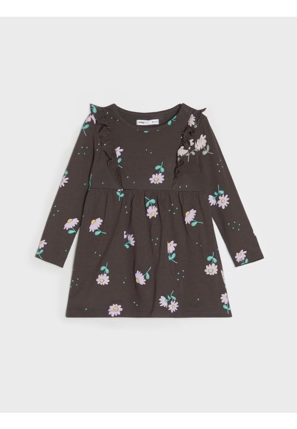 Sinsay - Bawełniana sukienka z długim rękawem z falbankami i motywem kwiatowym - brązowy. Kolor: brązowy. Materiał: bawełna. Wzór: kwiaty