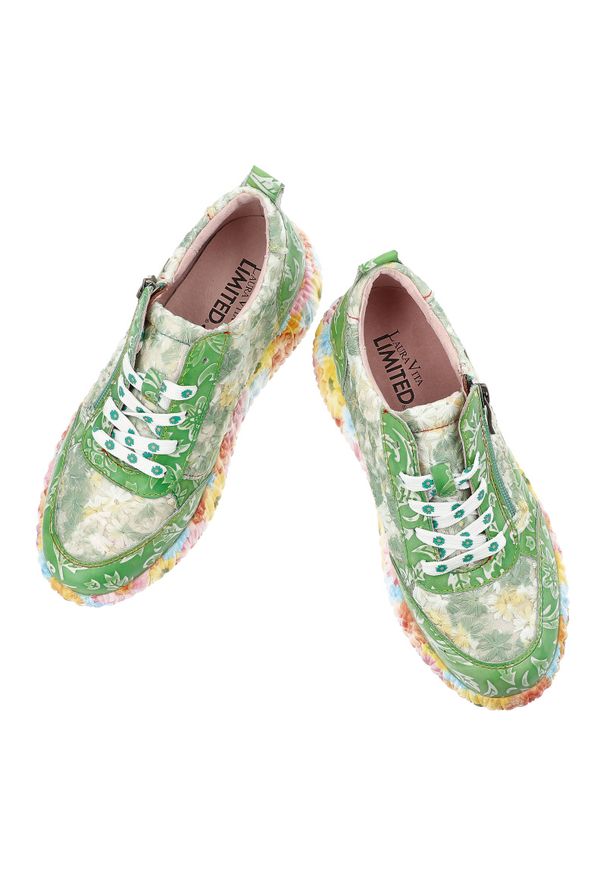 Sneakersy damskie Laura Vita, ze skóry naturalnej z kontrastowym nadrukiem i dekoracyjnym zamkiem z boku, zielone, 62 SL26803-62H. Zapięcie: zamek. Kolor: zielony. Materiał: skóra. Szerokość cholewki: normalna. Wzór: nadruk. Sezon: lato, wiosna