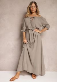 Renee - Beżowa Bawełniana Sukienka z Muślinu Wiązana przy Dekolcie z Paskiem i Gumką w Talii Tasda. Okazja: na co dzień. Typ kołnierza: dekolt hiszpanka. Kolor: beżowy. Materiał: bawełna. Typ sukienki: proste. Styl: casual #3