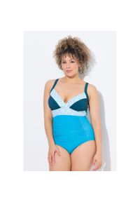 ULLA POPKEN - Damski Strój kąpielowy naszywki miękkie miseczki z recyklingu. Kolekcja: plus size. Kolor: niebieski. Materiał: elastan, materiał, poliamid, poliester. Wzór: aplikacja #1