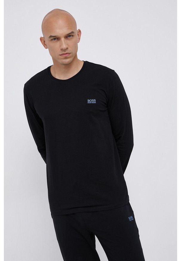 BOSS - Boss - Longsleeve. Kolor: czarny. Materiał: bawełna. Długość rękawa: długi rękaw. Wzór: aplikacja