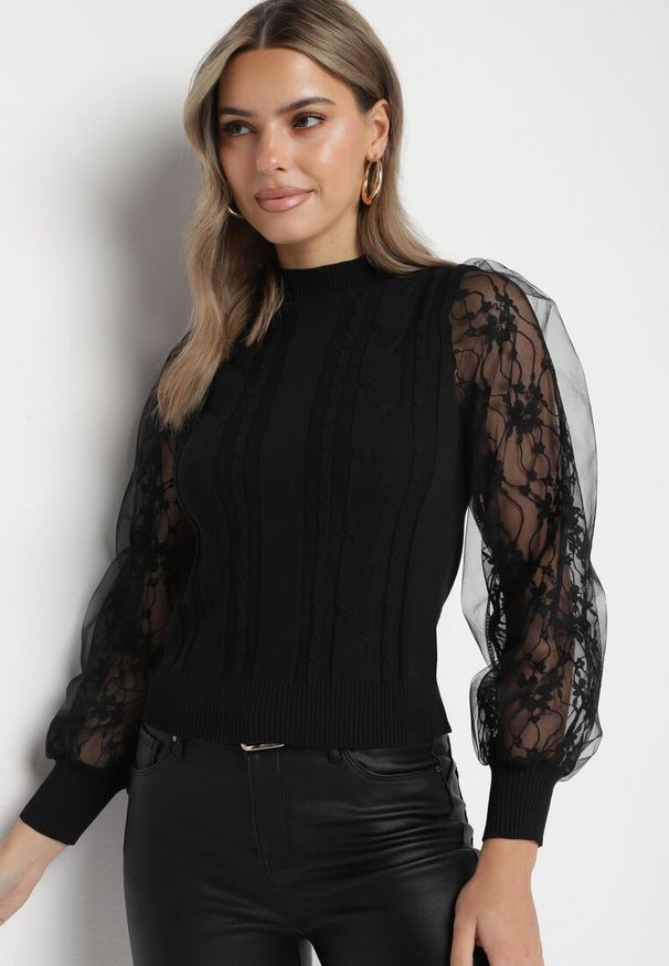 Born2be - Czarny Golf z Siateczkowymi Rękawami Wileria. Okazja: na co dzień. Typ kołnierza: golf. Kolor: czarny. Materiał: jeans. Styl: klasyczny, casual, elegancki