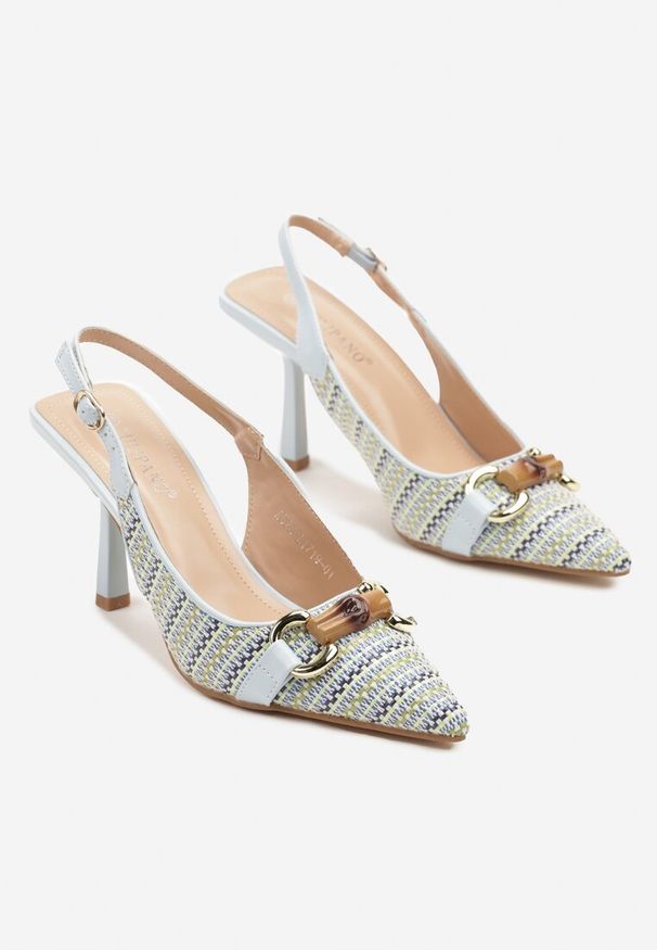 Renee - Niebieskie Plecione Sandały Szpilki Typu Slingback Ozdobione Klamrą Avenis. Okazja: na spotkanie biznesowe, do pracy. Zapięcie: klamry. Kolor: niebieski. Materiał: jeans. Wzór: aplikacja. Obcas: na szpilce. Styl: biznesowy, elegancki. Wysokość obcasa: średni