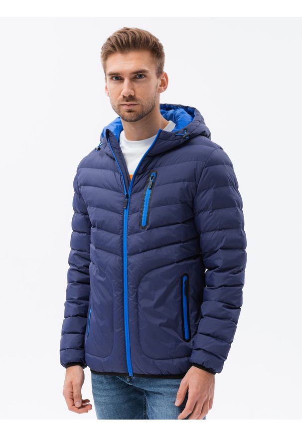 Ombre Clothing - Kurtka męska puchowa pikowana C356 - granatowa - XXL. Okazja: na co dzień. Typ kołnierza: kaptur. Kolor: niebieski. Materiał: puch. Styl: casual