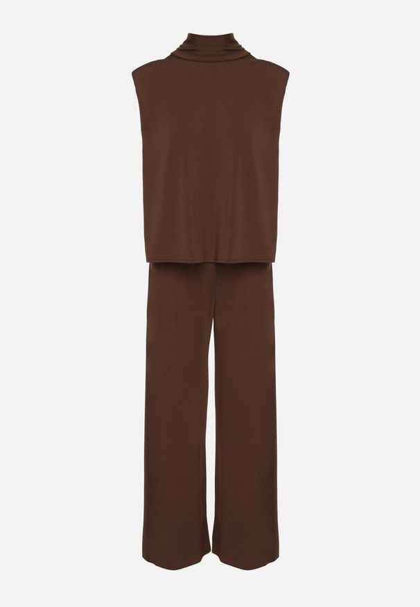 Born2be - Brązowy Komplet Bluzka z Wiązaniem i Szerokie Spodnie Halazea. Kolor: brązowy