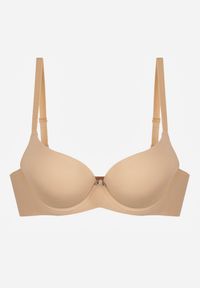 Renee - Beżowy Gładki Biustonosz z Efektem Push-up Theisithea. Kolor: beżowy. Materiał: jeans. Rodzaj stanika: push-up. Wzór: gładki #3