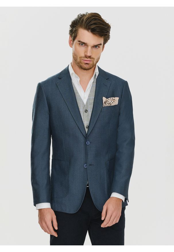 Pako Lorente - PAKO LORENTE – Granatowa marynarka męska bez podszewki. Okazja: na co dzień. Kolor: niebieski. Materiał: jeans. Wzór: paski. Styl: casual, sportowy