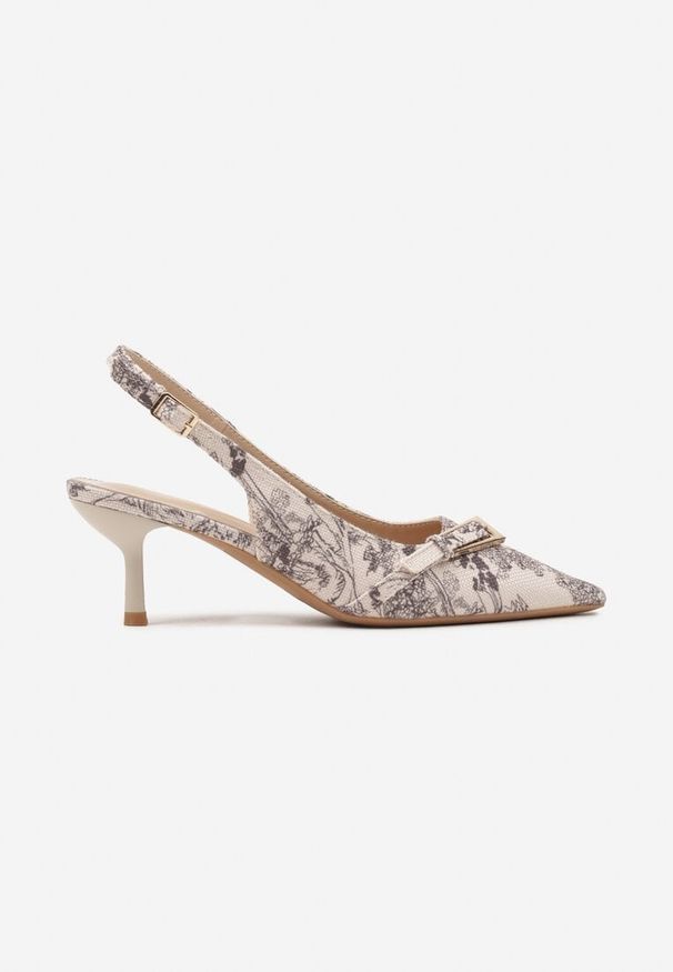 Renee - Beżowe Wężowe Sandały na Szpilce Typu Slingback Ozdobione Paskiem z Klamrą Karilen. Okazja: na co dzień. Nosek buta: szpiczasty. Zapięcie: klamry. Kolor: beżowy. Materiał: jeans. Wzór: aplikacja. Obcas: na szpilce. Styl: klasyczny, elegancki, casual