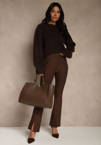 Renee - Brązowy Kardigan z Wełną Zdobiony Bufiastymi Rękawami i Wiązaniem na Plecach Tusfina. Okazja: na co dzień. Kolor: brązowy. Materiał: wełna. Wzór: aplikacja. Styl: casual #4