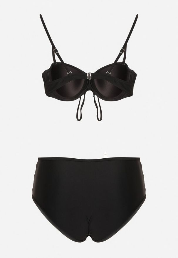 Born2be - Czarne Bikini Biustonosz i Majtki Figi z Wysokim Stanem Zdobione Siateczką Kinetia. Stan: podwyższony. Kolor: czarny. Wzór: aplikacja