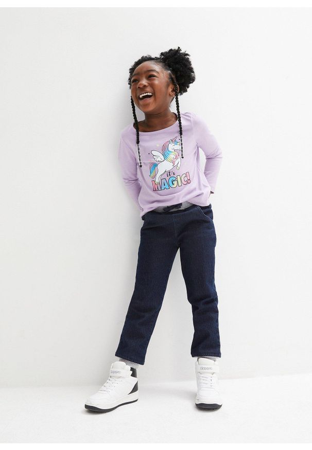 bonprix - Spodnie ocieplane na podszewce z dżerseju, średni stan. Kolor: niebieski. Materiał: jersey