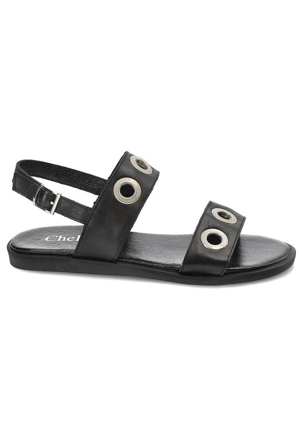CheBello - Czarne Sandały Chebello Damskie Stylowe Obuwie. Zapięcie: pasek. Kolor: czarny. Materiał: jeans, skóra. Wzór: paski, aplikacja. Sezon: lato. Obcas: na płaskiej podeszwie. Styl: elegancki