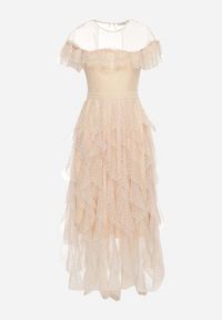 Born2be - Beżowa Sukienka z Przezroczystego Materiału Rozkloszowana Ozdobiona Koronką Pela. Okazja: na co dzień. Kolor: beżowy. Materiał: materiał, koronka. Długość rękawa: krótki rękaw. Wzór: aplikacja, koronka. Typ sukienki: rozkloszowane, proste. Styl: casual, klasyczny #4