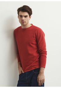 Ochnik - Czerwony sweter męski basic. Okazja: na co dzień. Kolor: czerwony. Materiał: bawełna. Długość: długie. Wzór: ze splotem. Styl: casual