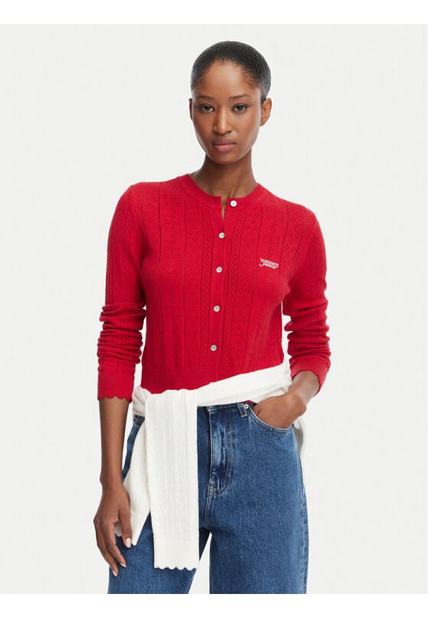 Tommy Jeans Kardigan Pointelle DW0DW22931 Czerwony Regular Fit. Kolor: czerwony. Materiał: wiskoza