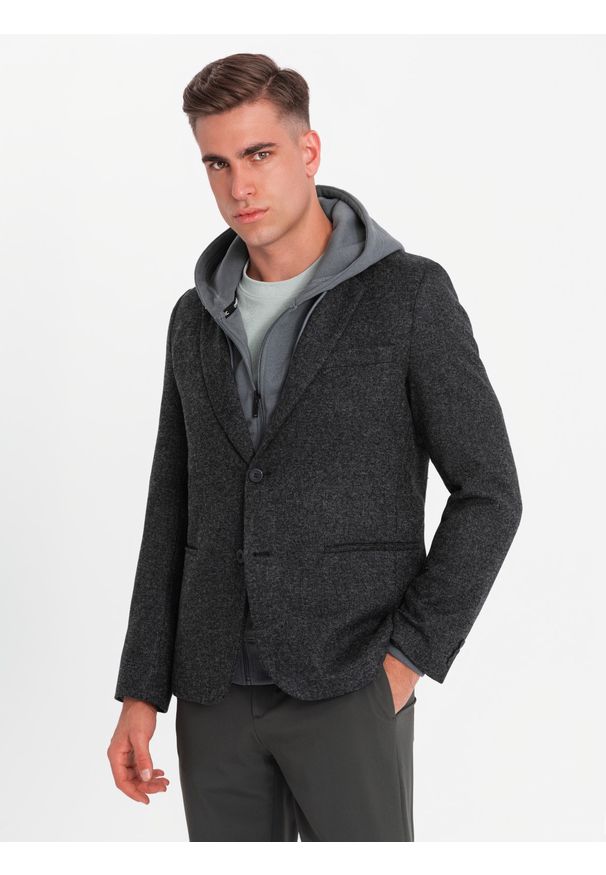 Ombre Clothing - Męska marynarka casual z ozdobnym pinem na klapie - grafitowy melanż V2 OM-BLZB-0120 - XXL. Okazja: na co dzień. Kolor: szary. Materiał: poliester. Wzór: melanż. Styl: casual