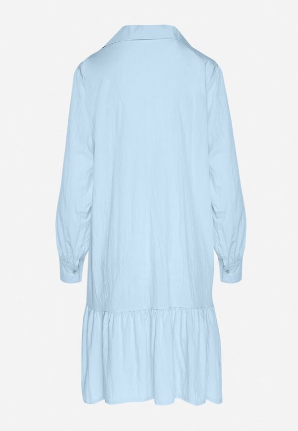 Renee - Niebieska Koszulowa Sukienka z Wiskozą Zakończona Falbanką Tirzedi. Okazja: na co dzień. Kolor: niebieski. Materiał: wiskoza. Długość rękawa: długi rękaw. Typ sukienki: koszulowe. Styl: elegancki, casual, klasyczny