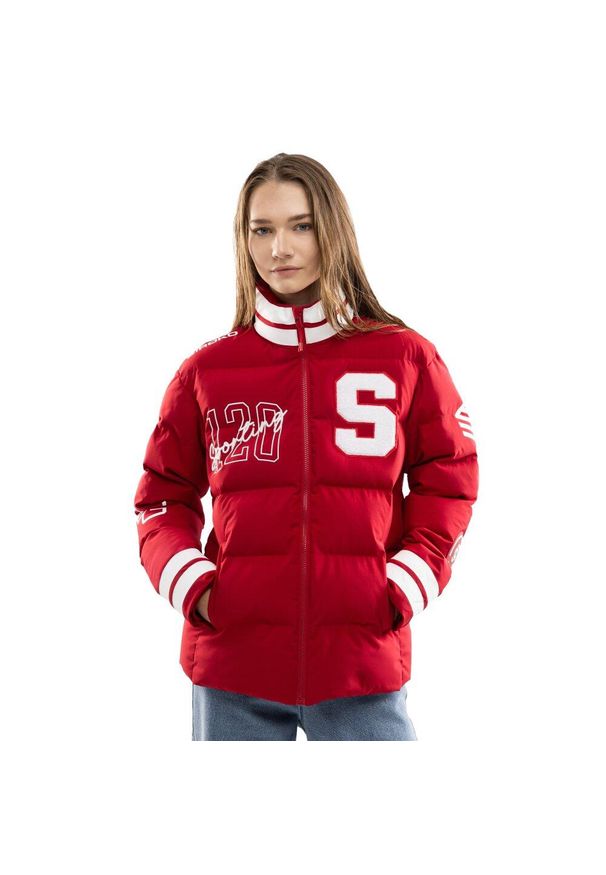 SIROKO - Damska kurtka puchowa 120. rocznica Real Sporting de Gijón Siroko SC120 El Bibi. Okazja: na urodziny. Kolor: czerwony. Materiał: puch. Sezon: lato