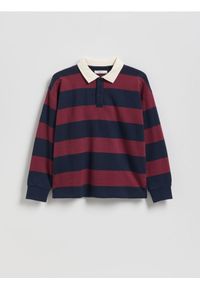 Reserved - Longsleeve polo w paski - granatowy. Typ kołnierza: polo. Kolor: niebieski. Materiał: dzianina, bawełna. Długość rękawa: długi rękaw. Wzór: paski #1