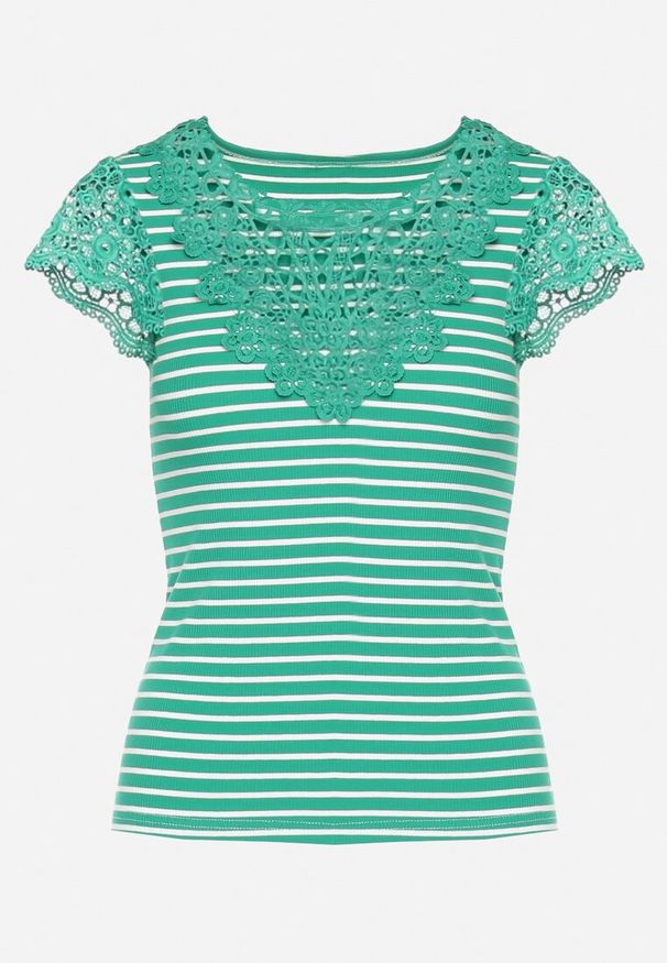 Born2be - Zielony Bawełniany T-shirt z Prążkowanej Dzianiny Ozdobiony Koronką Liasilo. Kolor: zielony. Materiał: bawełna, koronka, prążkowany, dzianina. Wzór: aplikacja, koronka