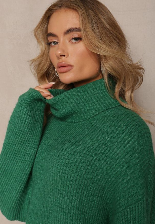 Renee - Zielony Golf Oversize Malia. Okazja: na co dzień. Typ kołnierza: golf. Kolor: zielony. Materiał: jeans, dzianina, wiskoza, skóra. Długość rękawa: długi rękaw. Długość: długie. Wzór: prążki, ze splotem. Styl: casual, klasyczny