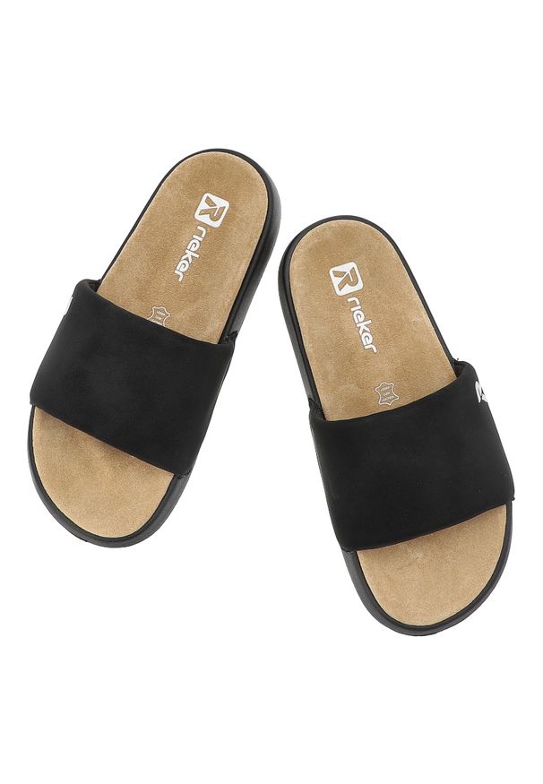 Klapki damskie Rieker, cholewka z tworzywa wsuwany fason szeroki pasek z przodu, czarne, W3250-00. Kolor: czarny