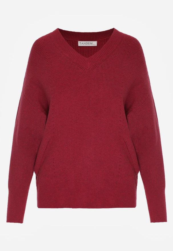 Born2be - Bordowy Sweter z Domieszką Kaszmiru z Dekoltem w Serek Feralaine. Okazja: na co dzień, na spotkanie biznesowe. Typ kołnierza: dekolt w serek. Kolor: czerwony. Materiał: kaszmir. Styl: biznesowy, klasyczny, casual, elegancki