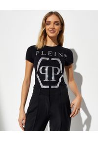 Philipp Plein - PHILIPP PLEIN - Czarny t-shirt z kryształowym logotypem Hexagon. Kolor: czarny. Materiał: bawełna. Styl: elegancki