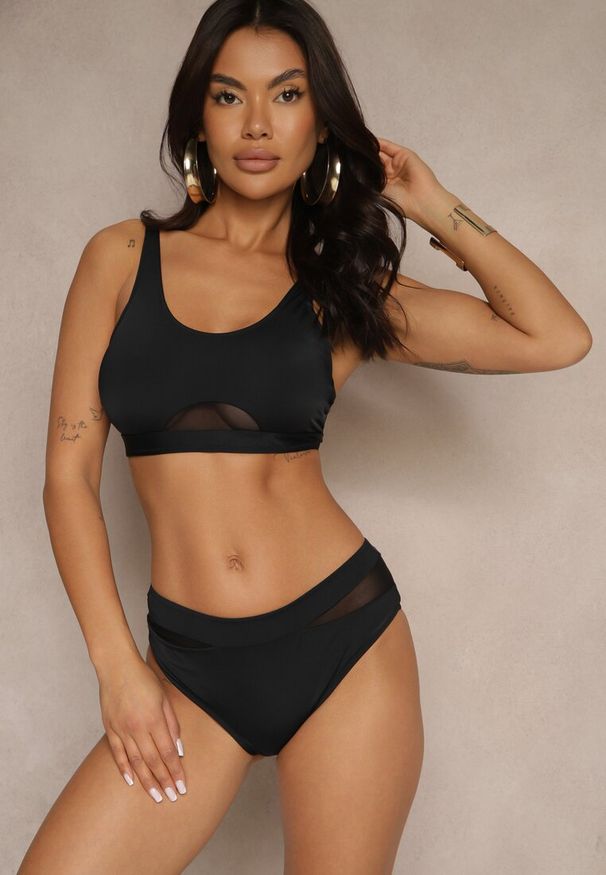 Renee - Czarne Bikini Biustonosz i Majtki Typu Figi Zdobione Siateczką Natelina. Kolor: czarny. Wzór: aplikacja