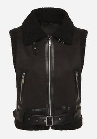 Born2be - Czarna Rockowa Kamizelka z Futerkiem Typu Baranek i Klamerką Tiodora. Okazja: na co dzień. Kolor: czarny. Materiał: futro. Wzór: aplikacja. Styl: rockowy #7