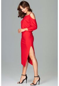 Katrus - Czerwona Asymetryczna Sukienka z Kimonowym Rękawem. Kolor: czerwony. Materiał: poliester, elastan, wiskoza. Typ sukienki: asymetryczne #1