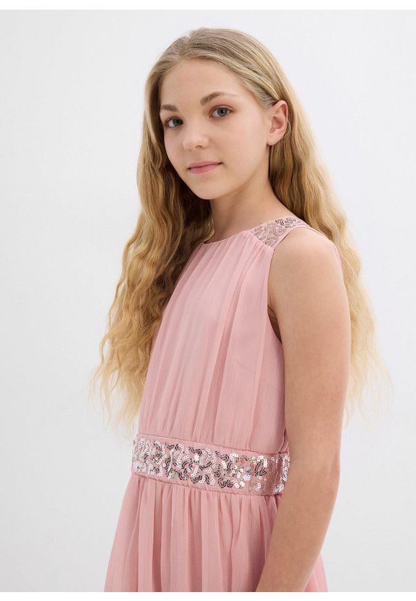 bonprix - Sukienka szyfonowa z cekinami. Okazja: na imprezę. Kolor: różowy. Materiał: szyfon. Długość rękawa: na ramiączkach. Wzór: aplikacja