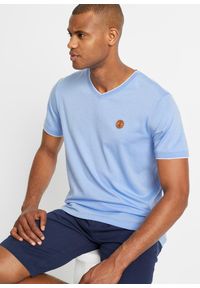 bonprix - T-shirt z dekoltem w serek, w optyce dwuwarstwowego. Typ kołnierza: dekolt w serek. Kolor: niebieski. Wzór: aplikacja #1