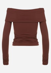 Born2be - Brązowa Bluzka Hiszpanka Vices z Marszczeniem w Talii i przy Rękawach Temile. Okazja: na co dzień. Typ kołnierza: dekolt hiszpanka. Kolor: brązowy. Materiał: satyna, jeans. Styl: casual, elegancki #5