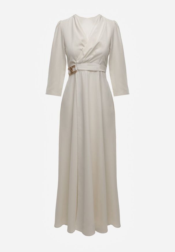 Renee - Jasnobeżowa Elegancka Sukienka o Kopertowym Kroju Zdobiona Aplikacją w Talii Zilendra. Kolor: beżowy. Wzór: aplikacja. Typ sukienki: kopertowe. Styl: elegancki