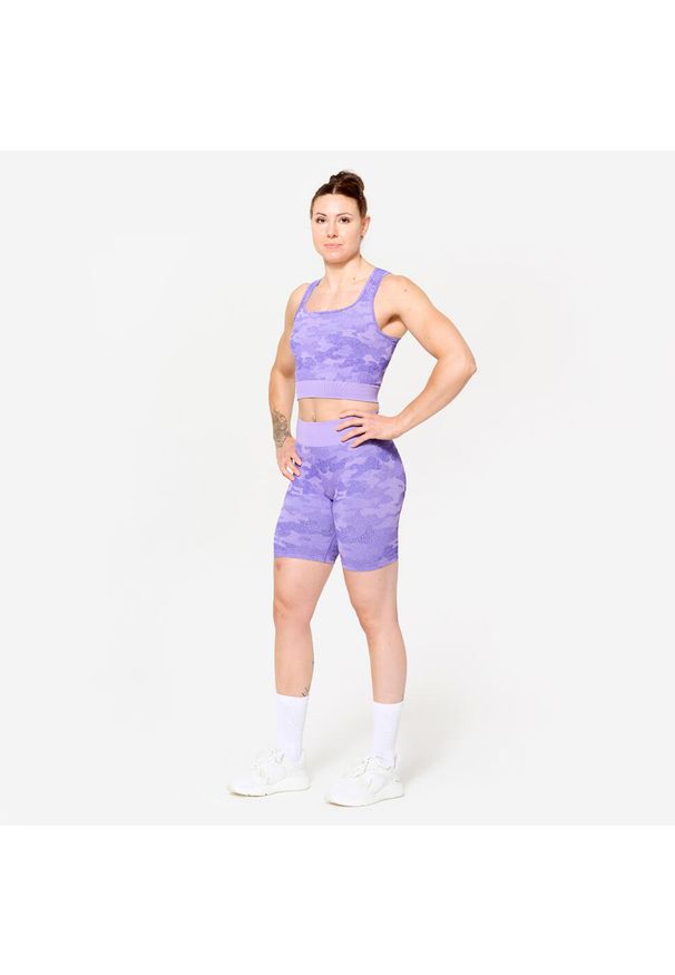 DOMYOS - Koszulka fitness damska Domyos crop top. Kolor: fioletowy. Materiał: materiał, poliamid, poliester, elastan. Sport: fitness