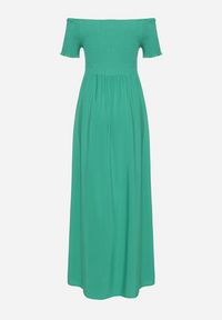 Born2be - Zielona Sukienka Hiszpanka o Rozkloszowanym Fasonie z Bawełny Angolima. Okazja: na co dzień. Typ kołnierza: dekolt hiszpanka. Kolor: zielony. Materiał: bawełna. Długość rękawa: krótki rękaw. Wzór: aplikacja. Typ sukienki: proste. Styl: casual, elegancki #3