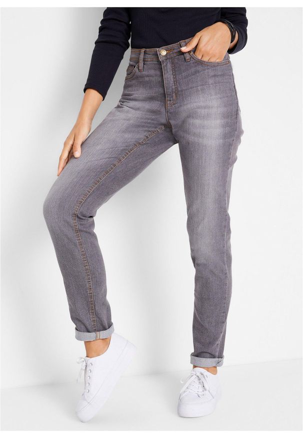 bonprix - Dżinsy o kroju mom, mid waist, z wygodnym stretchem. Okazja: na co dzień. Kolor: szary. Styl: casual