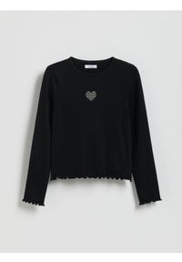 Reserved - Prążkowana bluzka z aplikacją - czarny. Kolor: czarny. Materiał: prążkowany. Wzór: aplikacja #1