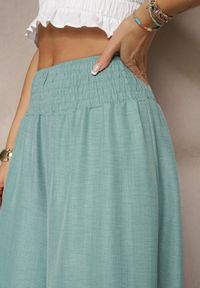 Renee - Miętowe Szerokie Spodnie High Waist z Elastycznymi Gumkami w Talii Varbia. Okazja: na co dzień. Stan: podwyższony. Kolor: zielony. Styl: elegancki, casual #5