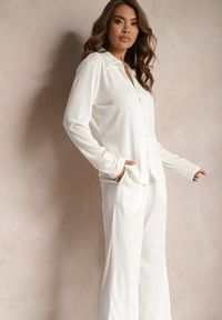 Renee - Biały Komplet Casualowy Szerokie Spodnie z Gumką w Pasie i Koszula Sansia. Kolor: biały