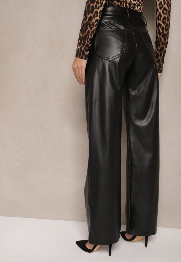 Renee - Czarne Szerokie Spodnie High Waist z Imitacji Skóry Enawinn. Okazja: na co dzień, na imprezę. Stan: podwyższony. Kolor: czarny. Materiał: skóra. Styl: casual, elegancki