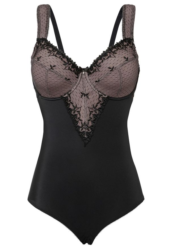 bonprix - "Body ""minimizer"" na fiszbinach, z poliestru z recyklingu". Kolor: czarny. Materiał: poliester. Wzór: koronka