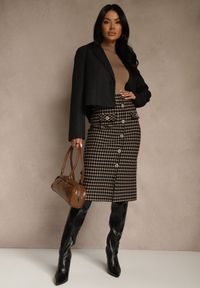 Renee - Czarno-Beżowa Tweedowa Spódnica Ołówkowa w Kratę z Guzikami Aretusa. Okazja: na spotkanie biznesowe. Stan: podwyższony. Kolor: czarny. Styl: biznesowy #4