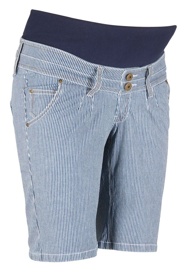 Krótkie spodnie ciążowe w paski bonprix niebieski w paski. Kolekcja: moda ciążowa. Kolor: niebieski. Materiał: elastan, materiał, bawełna. Długość: krótkie. Wzór: paski