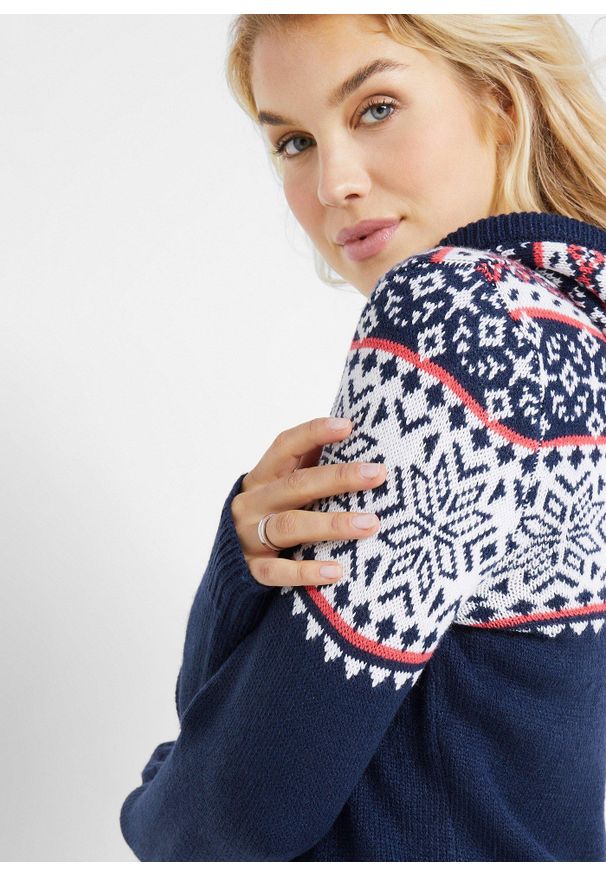 bonprix - Sweter z kapturem. Typ kołnierza: kaptur. Kolor: niebieski. Materiał: dzianina