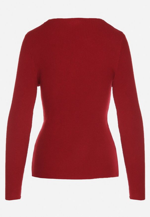 Born2be - Bordowy Dopasowany Sweter z Prążkowanej Dzianiny z Bawełną z Dekoltem w Serek Tesma. Okazja: na co dzień. Typ kołnierza: dekolt w serek. Kolor: czerwony. Materiał: prążkowany, dzianina, bawełna. Długość rękawa: długi rękaw. Długość: długie. Styl: casual, elegancki