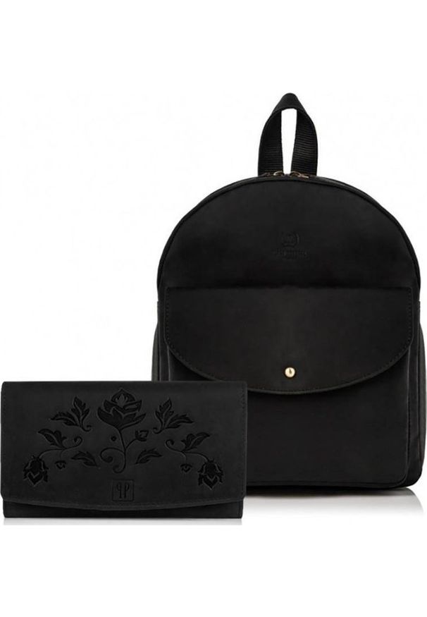 PAOLO PERUZZI - Paolo Peruzzi Zestaw damski czarny ZUP-24-BL plecak i portfel skórzany. Kolor: czarny. Materiał: skóra